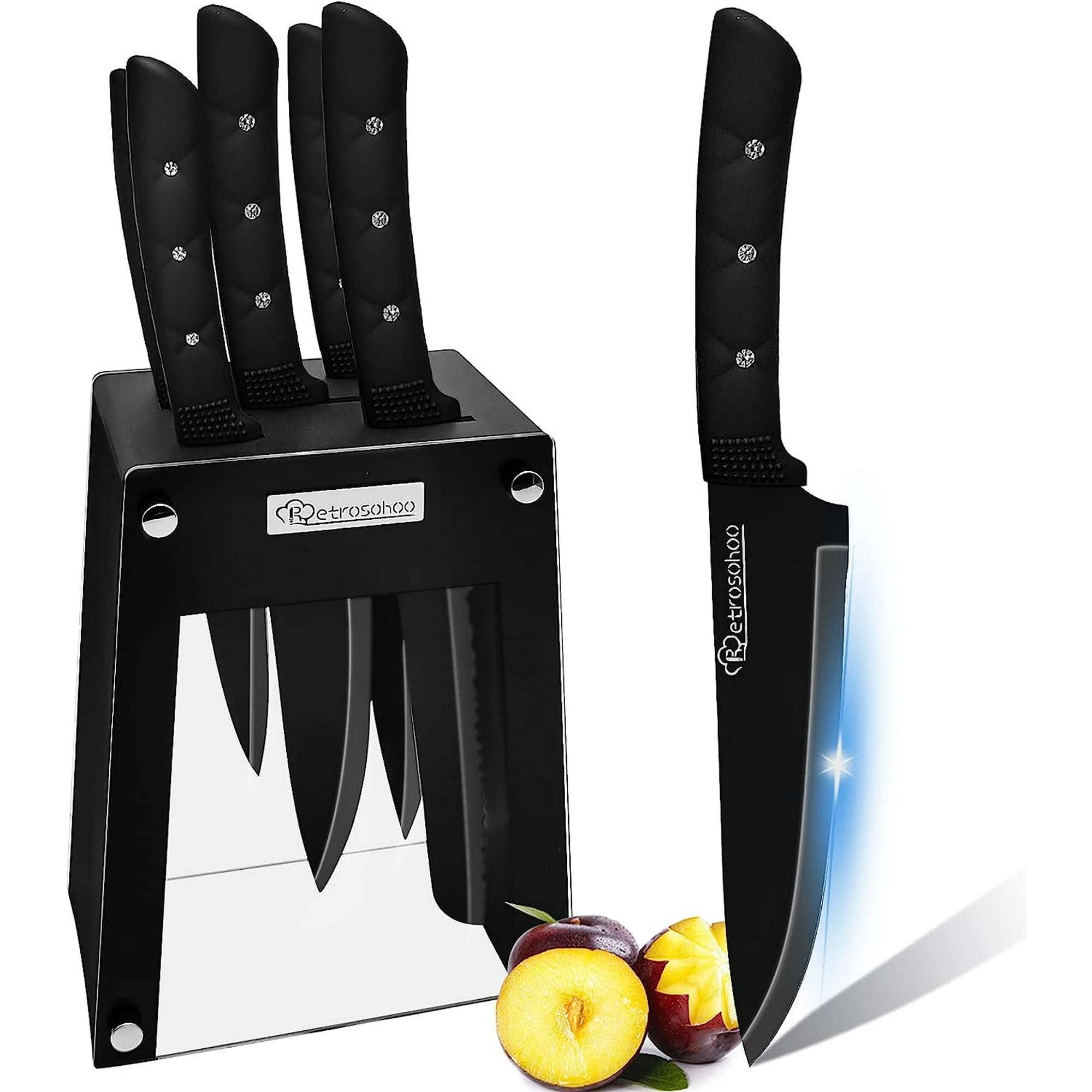 Kitchen Knife Set, 6 Pieces Black Stainless Steel Sharp Chef Knife with Acrylic Stand, Non-stick Coating Block Knife Set for Home Restaurant Apartment Kitchen Knife Set, 6 Pieces Black Stainless Steel Sharp Chef Knife with Acrylic Stand, Non-stick Coating Block Knife Set for Home Restaurant Apartment